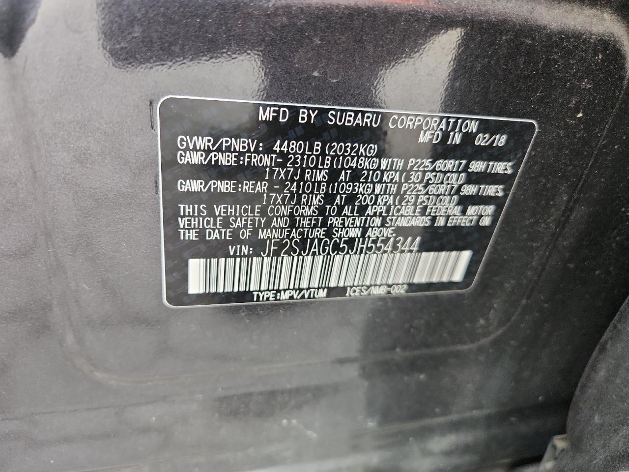 2018 Subaru Forester 2.5I Premium VIN: JF2SJAGC5JH554344 Lot: 93203295