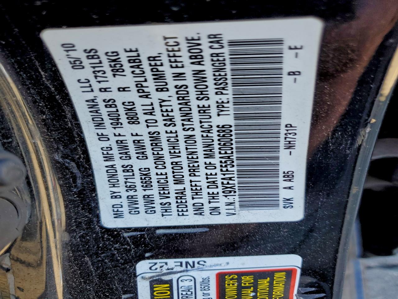 2010 Honda Civic Lx VIN: 19XFA1F55AE060686 Lot: 94718245