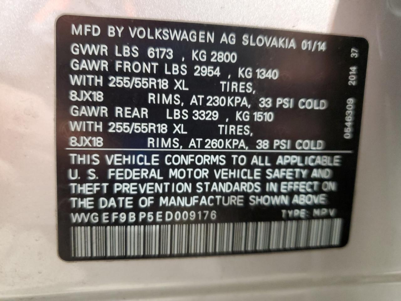 2014 Volkswagen Touareg V6 VIN: WVGEF9BP5ED009176 Lot: 93203285