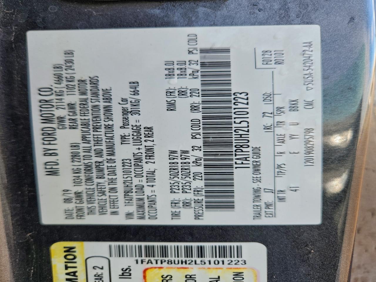 2020 Ford Mustang VIN: 1FATP8UH2L5101223 Lot: 93264695