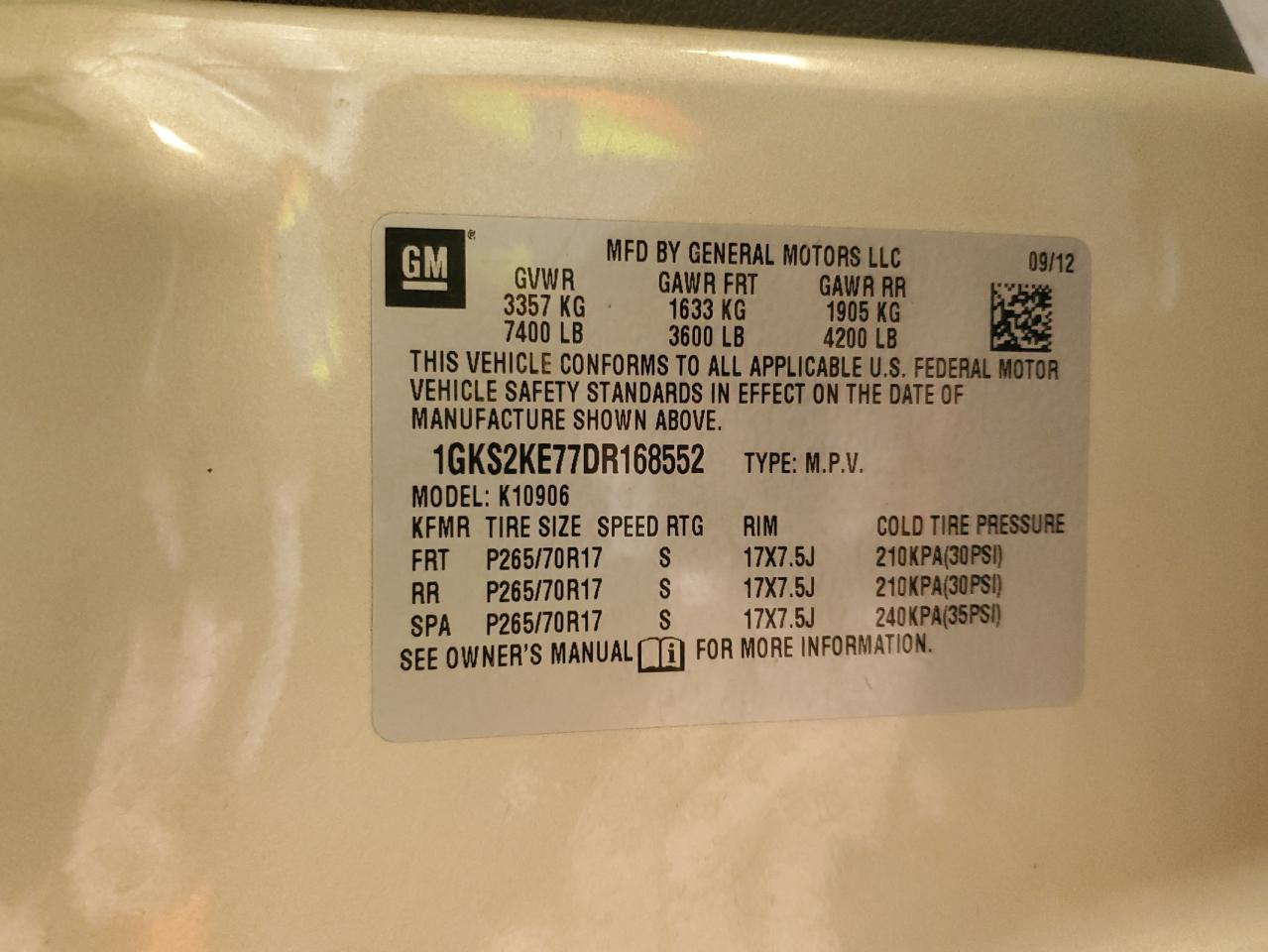 2013 GMC Yukon Xl K1500 Slt VIN: 1GKS2KE77DR168552 Lot: 92441585