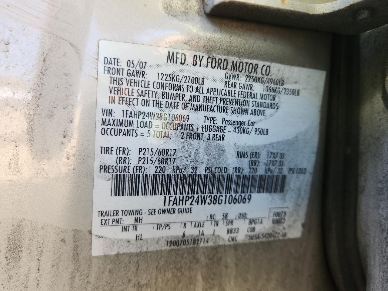 2008 Ford Taurus Sel VIN: 1FAHP24W38G106069 Lot: 91628655