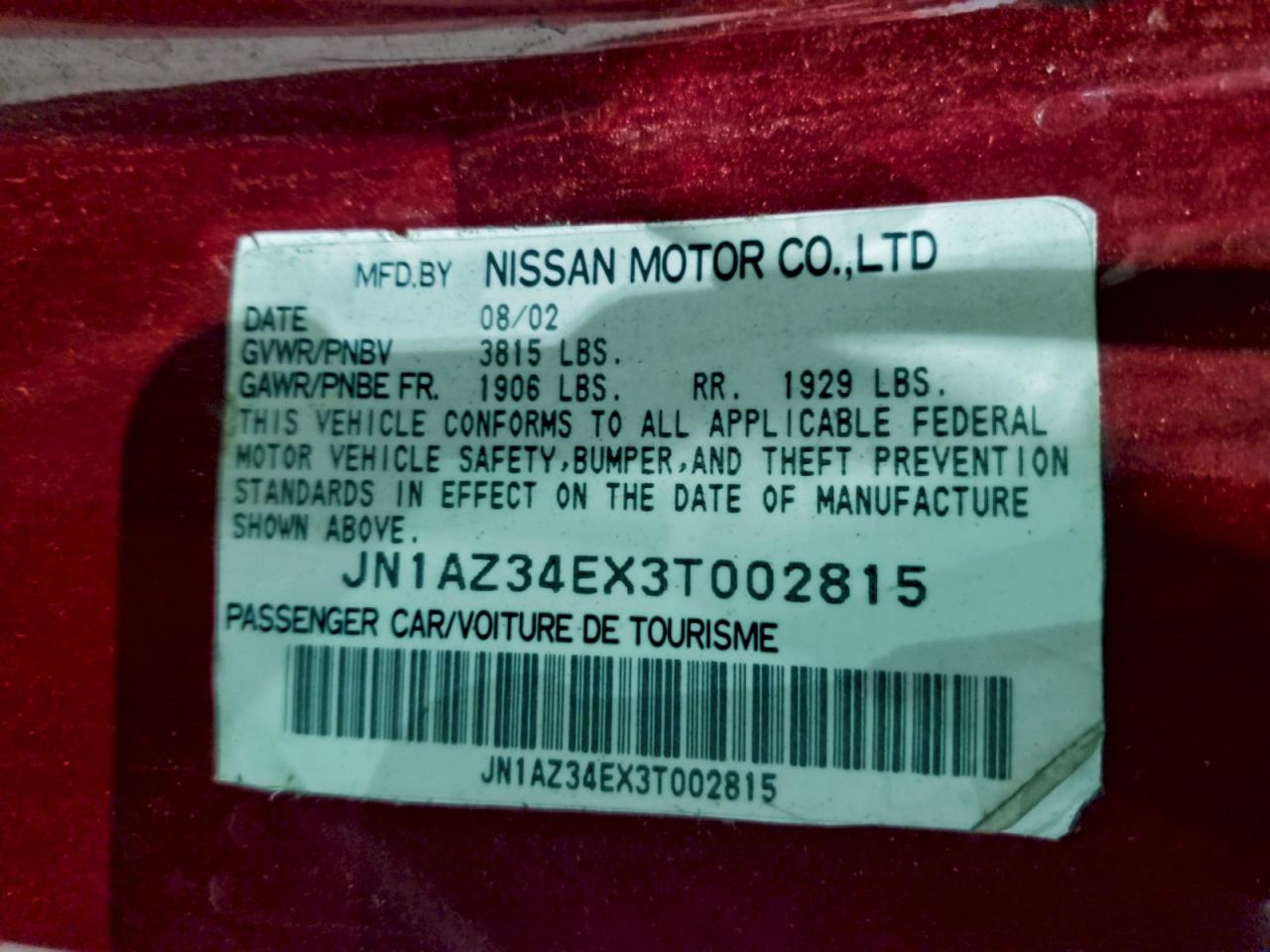 2003 Nissan 350Z Coupe VIN: JN1AZ34EX3T002815 Lot: 93827135