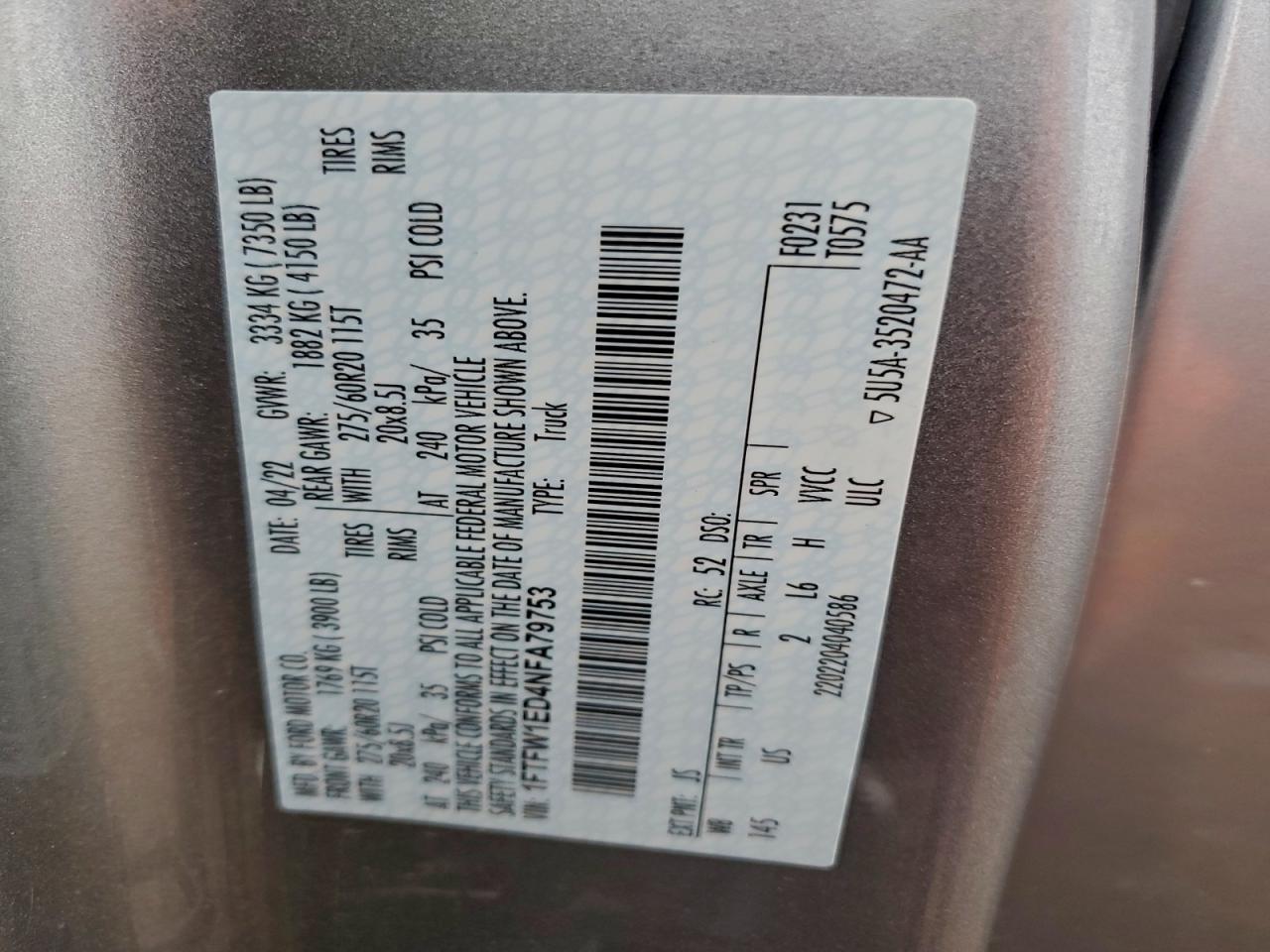 2022 Ford F150 Supercrew VIN: 1FTFW1ED4NFA79753 Lot: 93999285