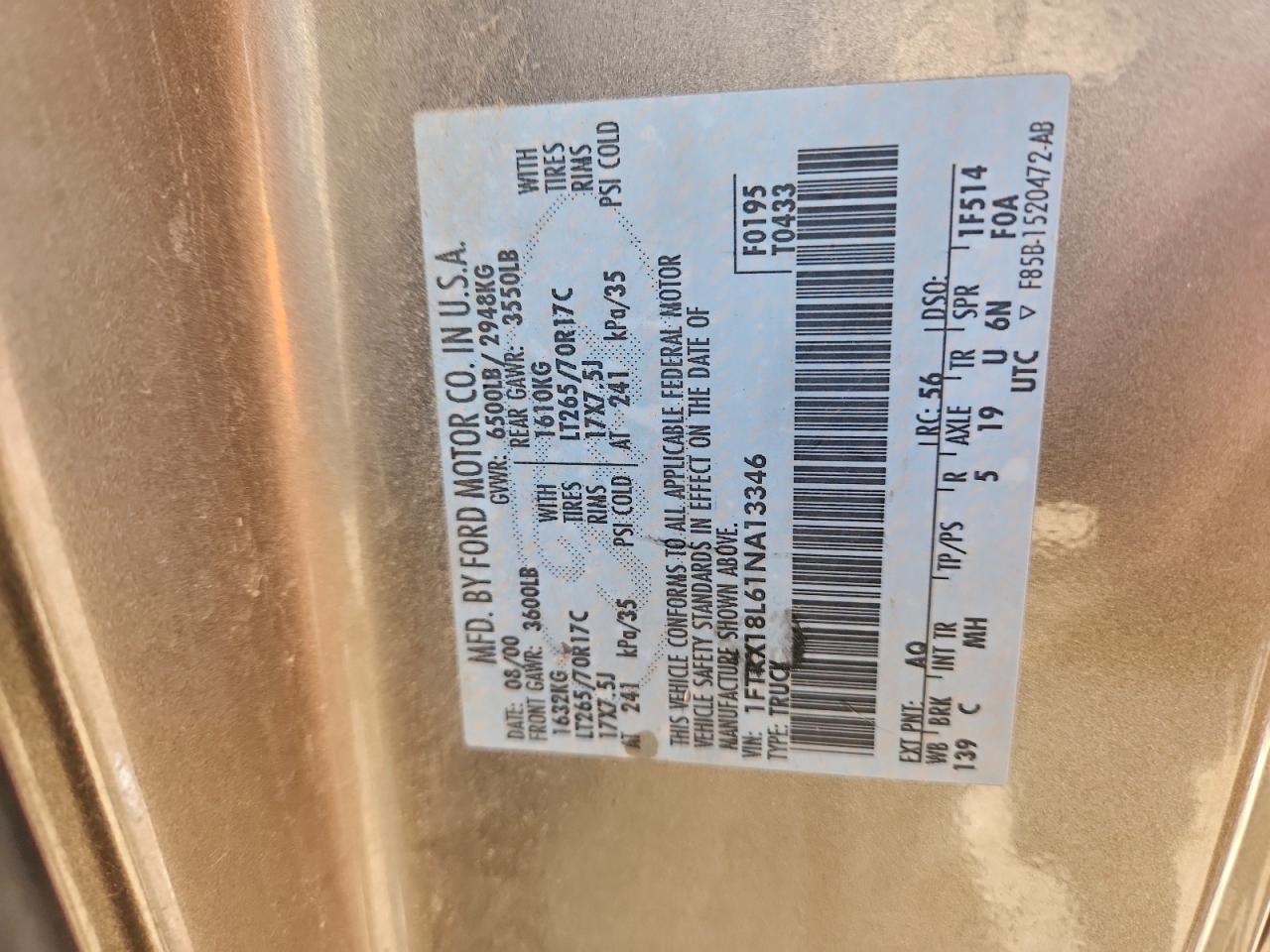 2001 Ford F150 VIN: 1FTRX18L61NA13346 Lot: 93245695