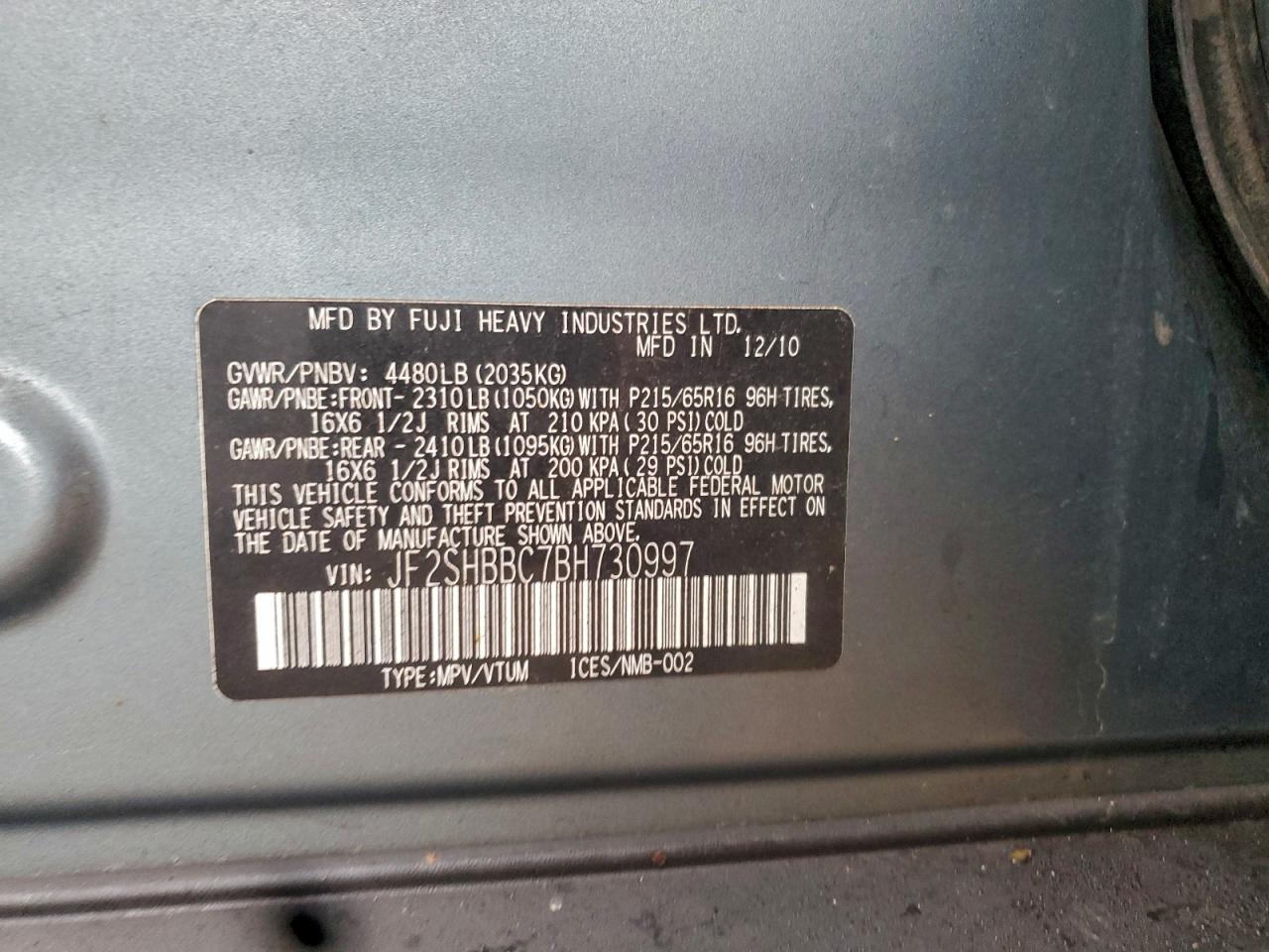 2011 Subaru Forester 2.5X VIN: JF2SHBBC7BH730997 Lot: 93460345