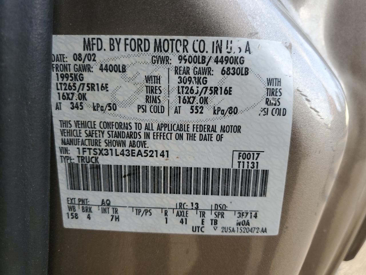 2003 Ford F350 Srw Super Duty VIN: 1FTSX31L43EA52141 Lot: 91271605