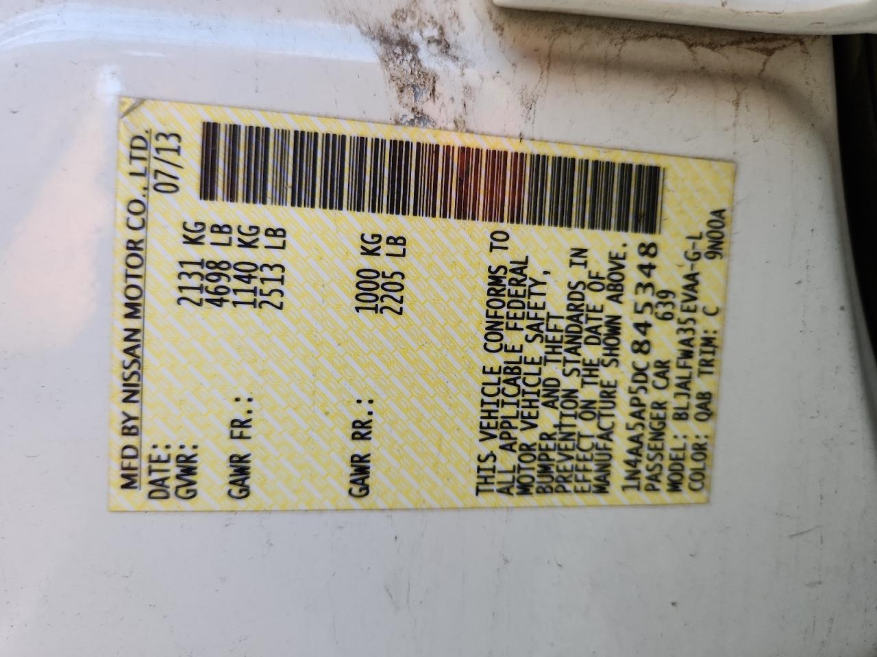 2013 Nissan Maxima S VIN: 1N4AA5AP5DC845348 Lot: 92934385