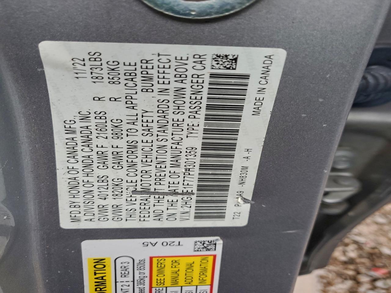 2023 Honda Civic Ex VIN: 2HGFE1F77PH301359 Lot: 94113835