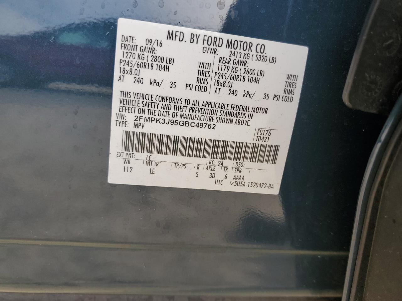 2016 Ford Edge Sel VIN: 2FMPK3J95GBC49762 Lot: 91461045