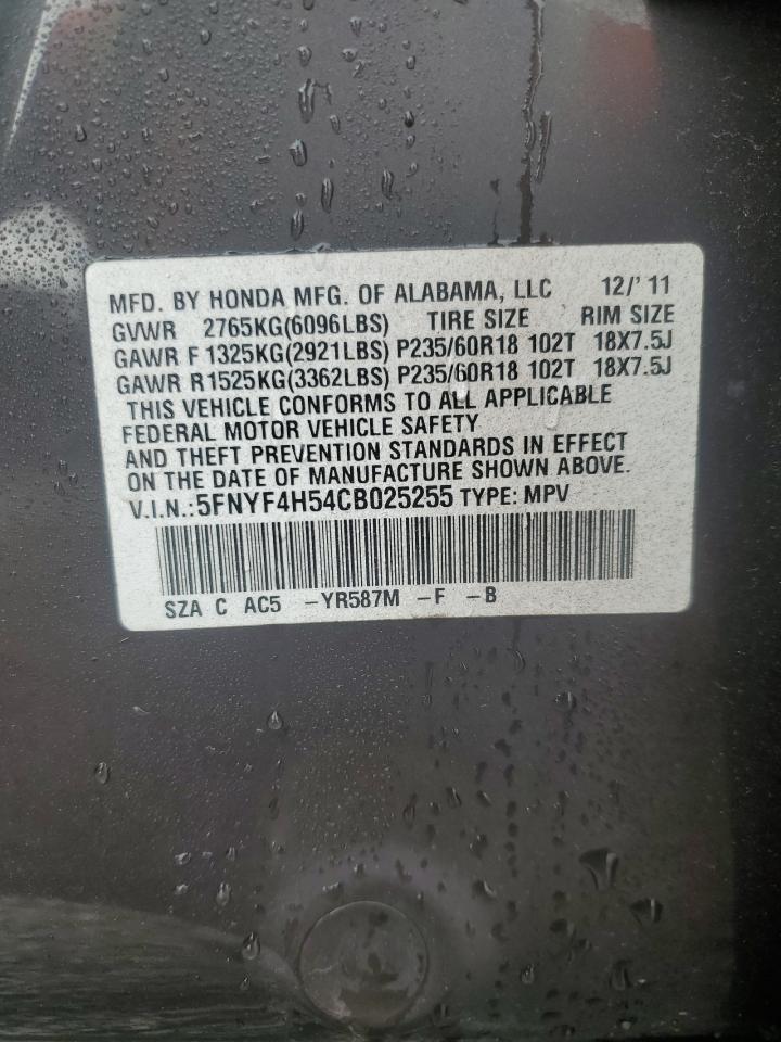 2012 Honda Pilot Exl VIN: 5FNYF4H54CB025255 Lot: 93175185