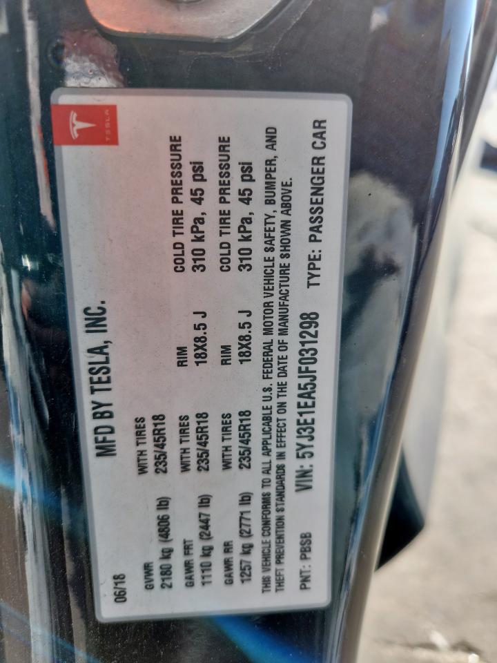 2018 Tesla Model 3 VIN: 5YJ3E1EA5JF031298 Lot: 93112085