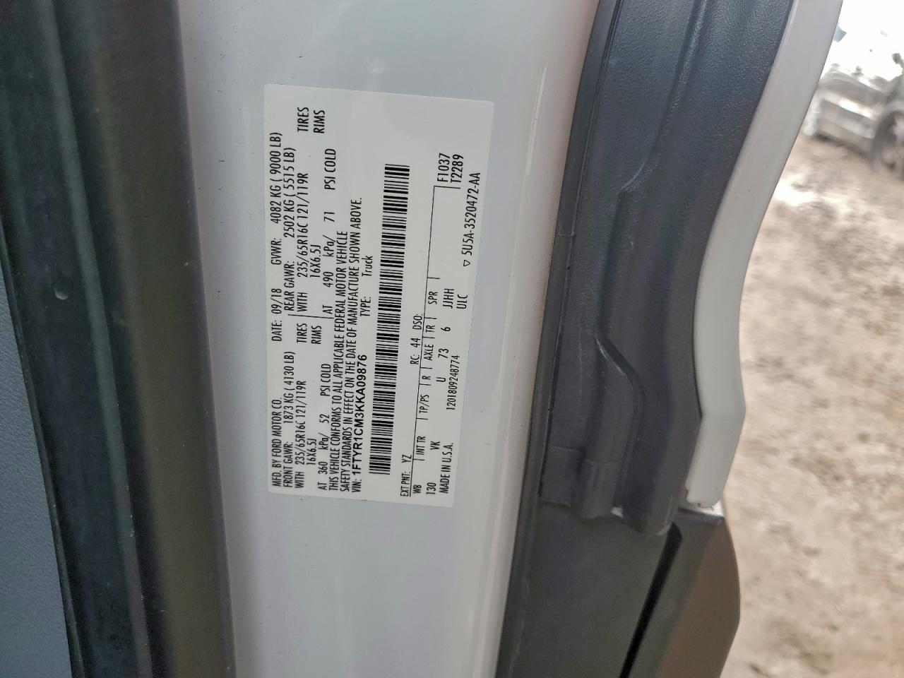 2019 Ford Transit T-250 VIN: 1FTYR1CM3KKA09876 Lot: 93503075