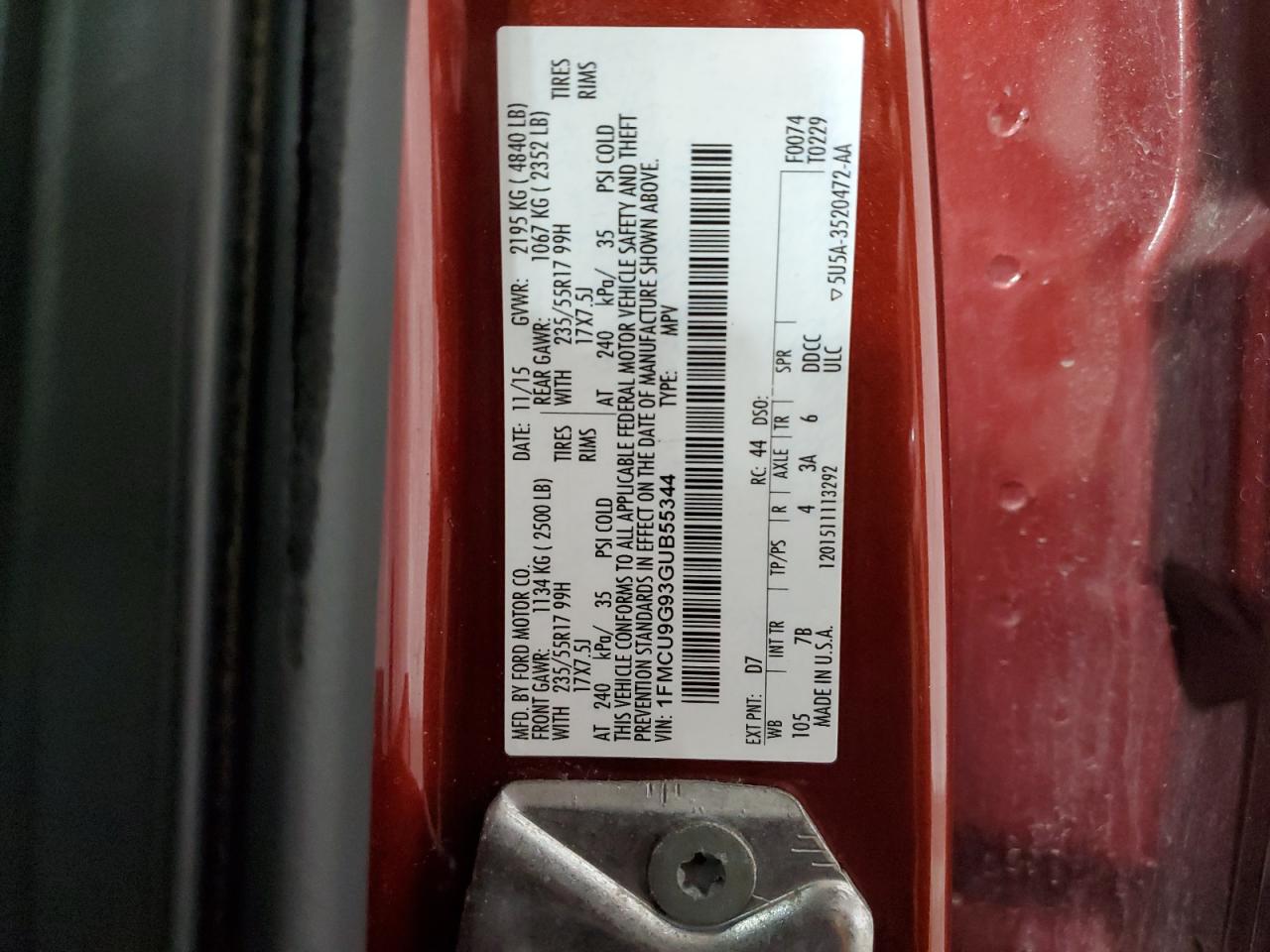 2016 Ford Escape Se VIN: 1FMCU9G93GUB55344 Lot: 93111115