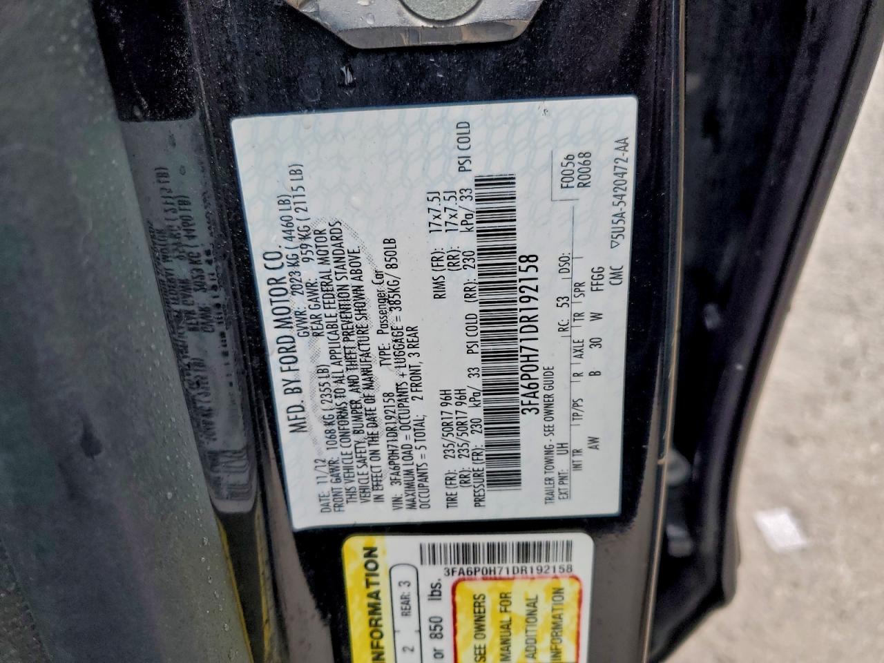 2013 Ford Fusion Se VIN: 3FA6P0H71DR192158 Lot: 94299715