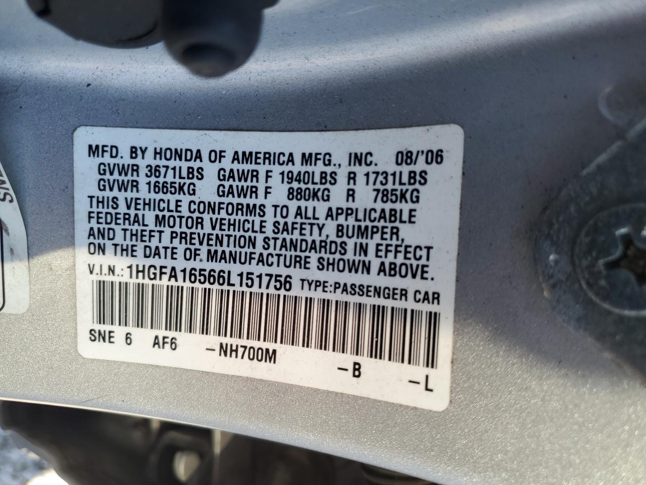 2006 Honda Civic Lx VIN: 1HGFA16566L151756 Lot: 92906825