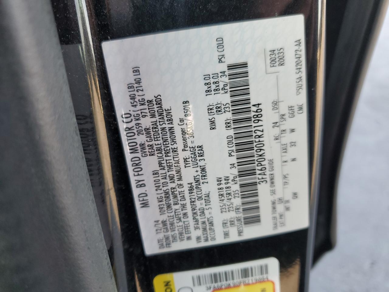 2015 Ford Fusion Titanium VIN: 3FA6P0K90FR219864 Lot: 93763475