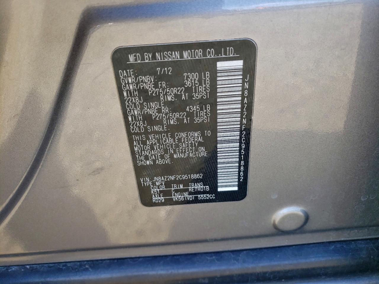 2012 Infiniti Qx56 VIN: JN8AZ2NF2C9518862 Lot: 92750945