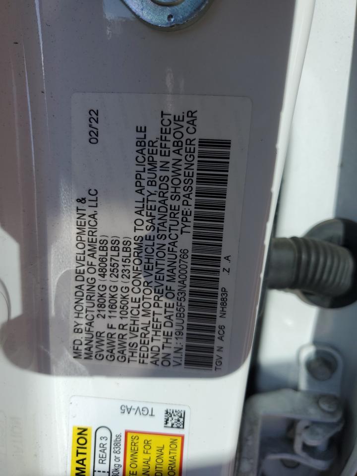 2022 Acura Tlx Tech A VIN: 19UUB5F53NA000766 Lot: 93392875