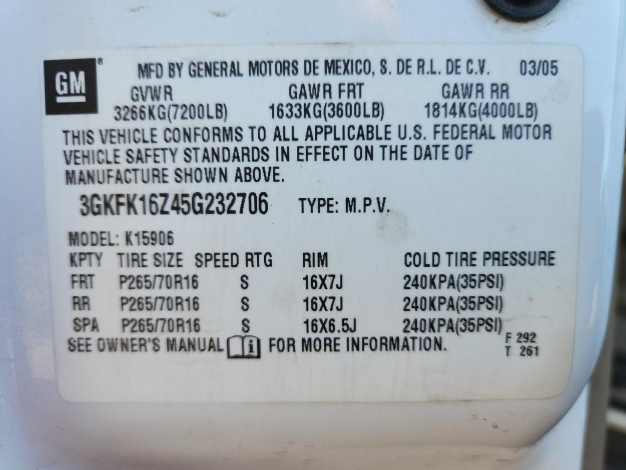 2005 GMC Yukon Xl K1500 VIN: 3GKFK16Z45G232706 Lot: 91956145