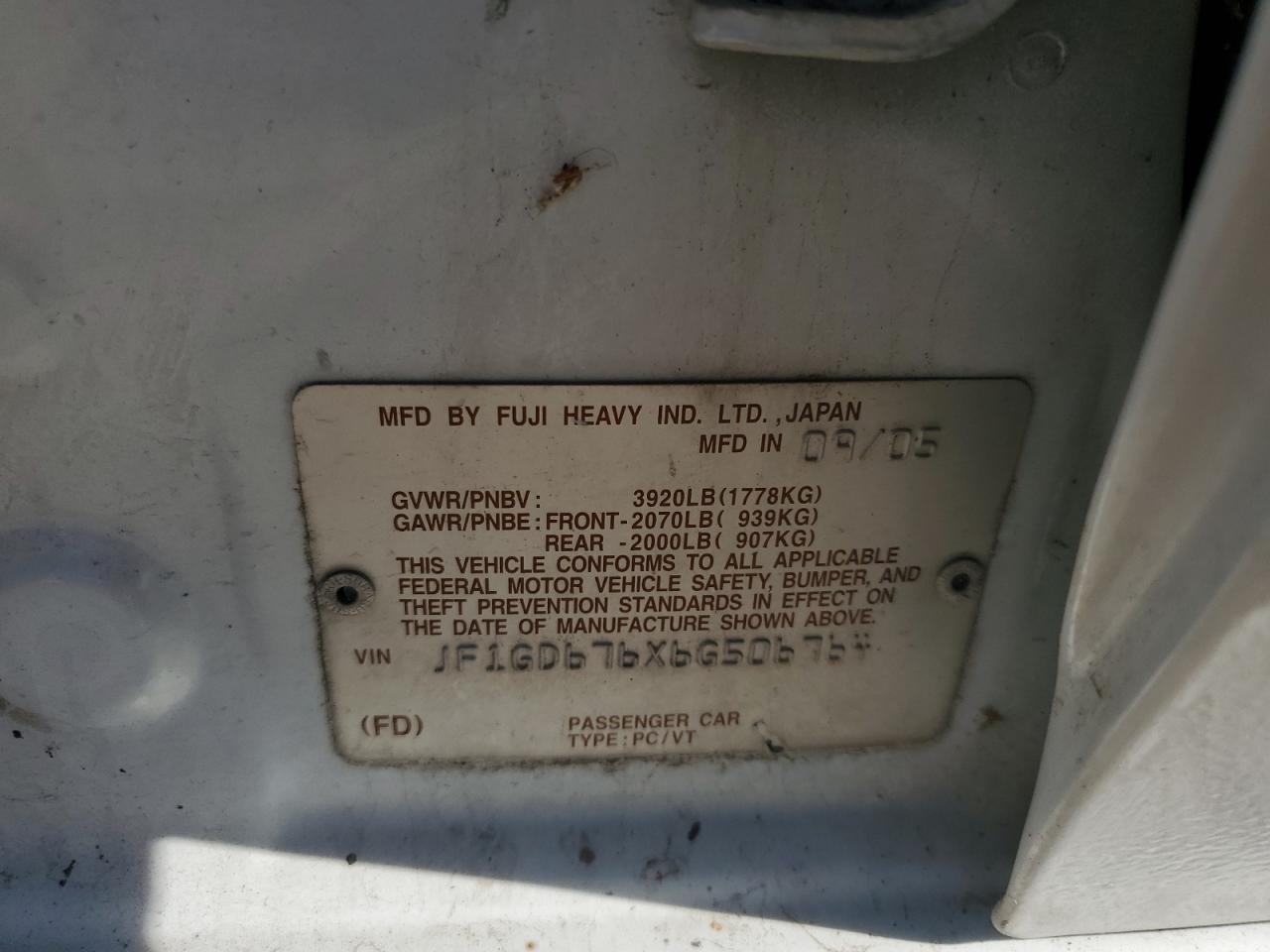 2006 Subaru Impreza 2.5I VIN: JF1GD676X6G506764 Lot: 90762345