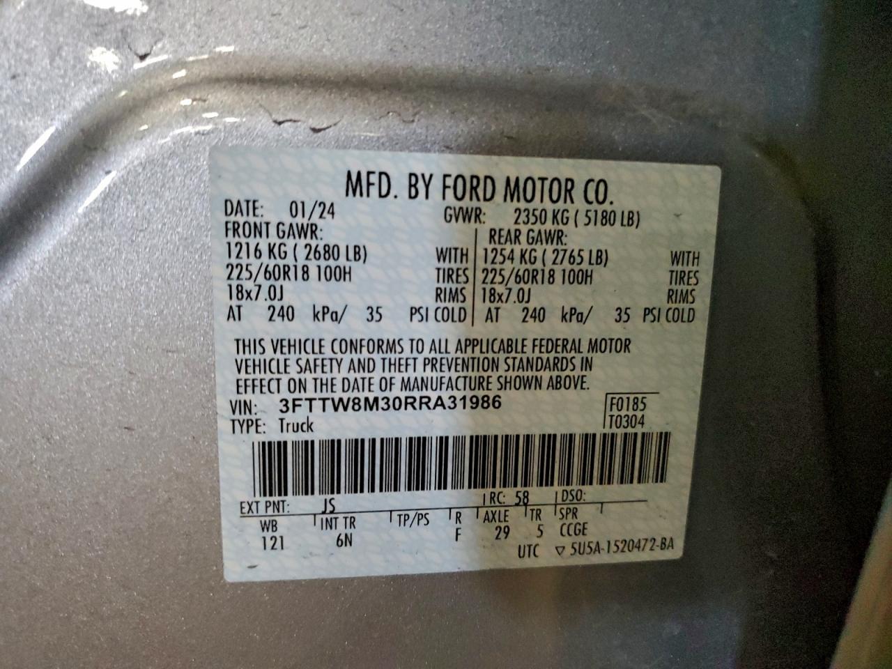 2024 Ford Maverick Lariat VIN: 3FTTW8M30RRA31986 Lot: 93729415