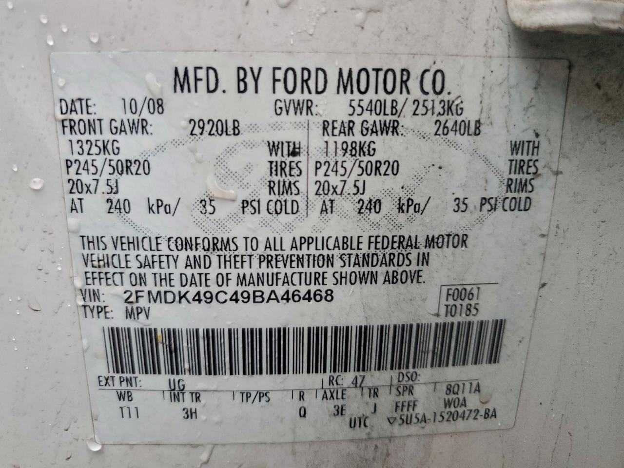 2009 Ford Edge Limited VIN: 2FMDK49C49BA46468 Lot: 94144655