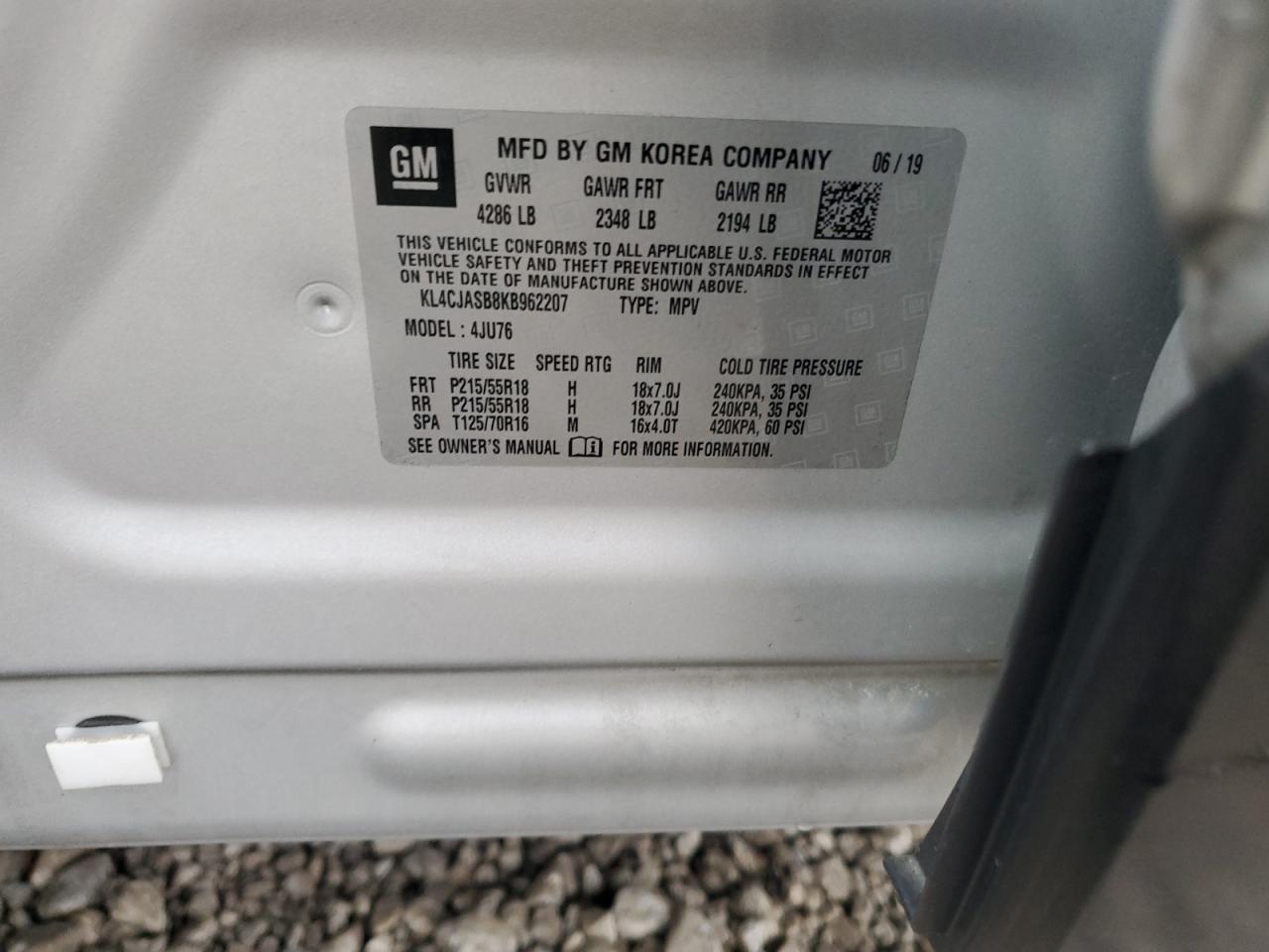 2019 Buick Encore Preferred VIN: KL4CJASB8KB962207 Lot: 93473065