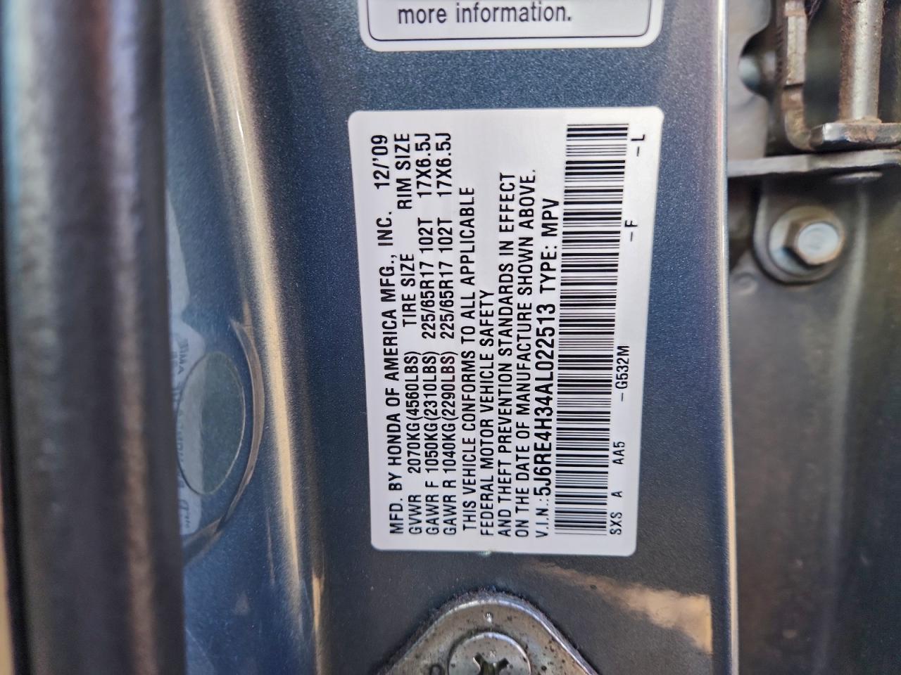 2010 Honda Cr-V Lx VIN: 5J6RE4H34AL022513 Lot: 93691635