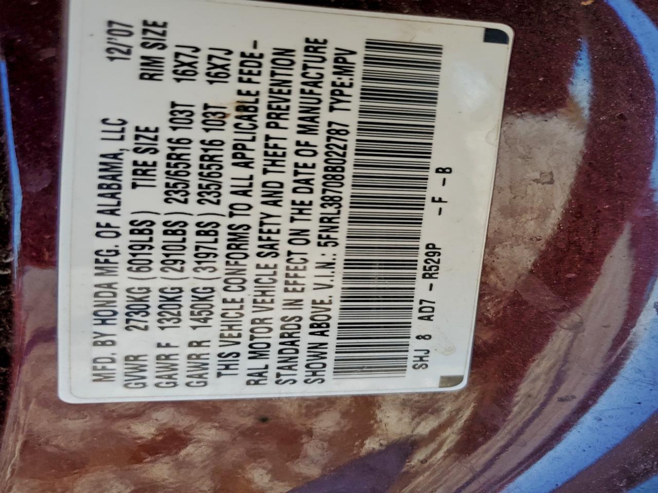 2008 Honda Odyssey Exl VIN: 5FNRL38708B022787 Lot: 94505145