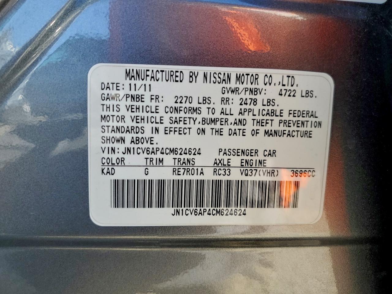 2012 Infiniti G37 Base VIN: JN1CV6AP4CM624624 Lot: 94246735