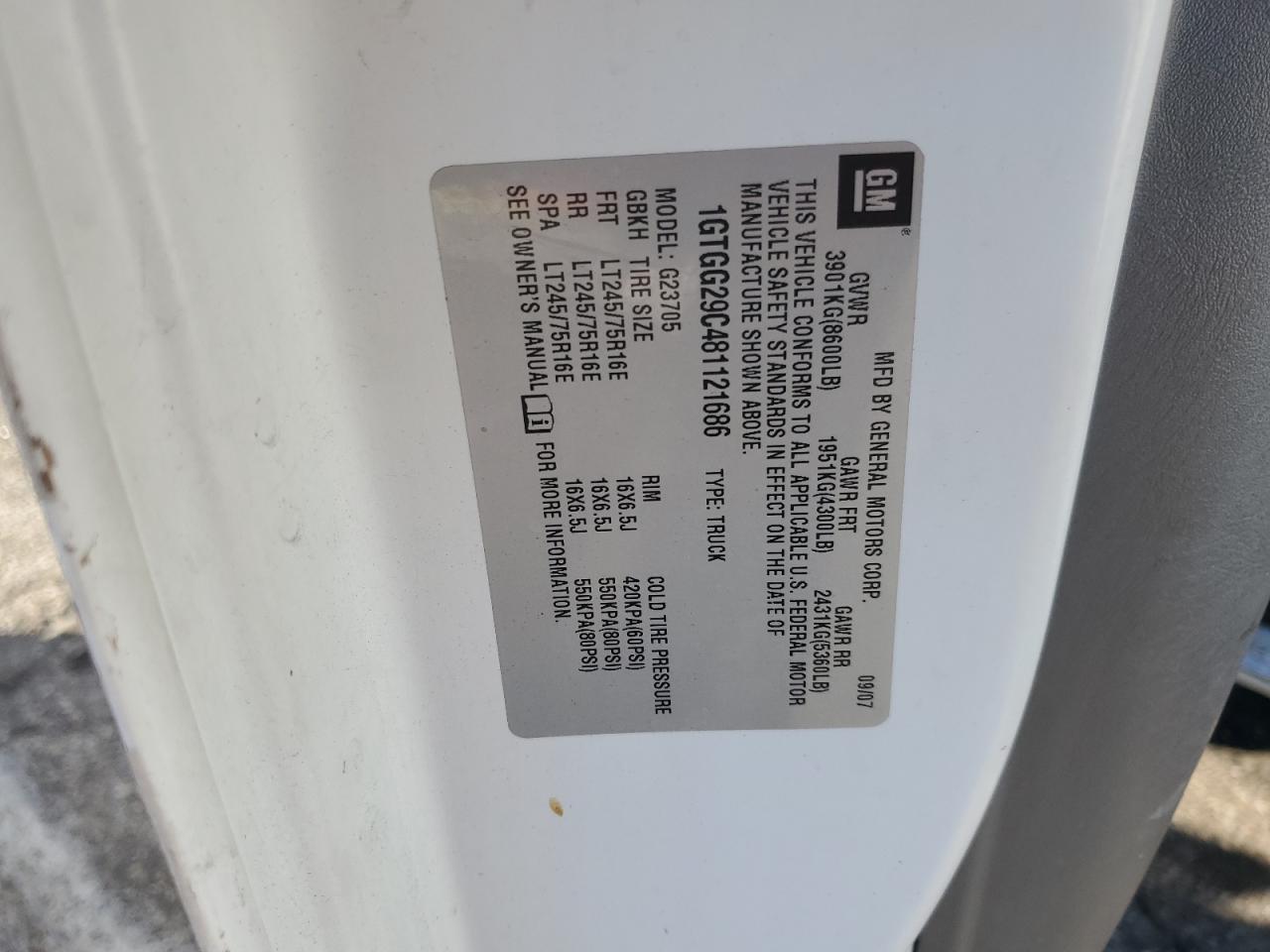 2008 GMC Savana G2500 Delivery Van VIN: 1GTGG29C481121686 Lot: 91623805