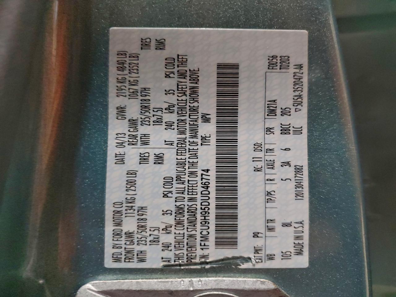 2013 Ford Escape Sel VIN: 1FMCU9H95DUD46774 Lot: 93773085