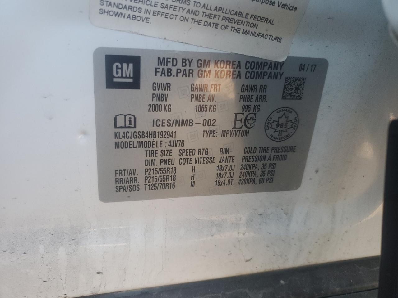 2017 Buick Encore Essence VIN: KL4CJGSB4HB192941 Lot: 91248585