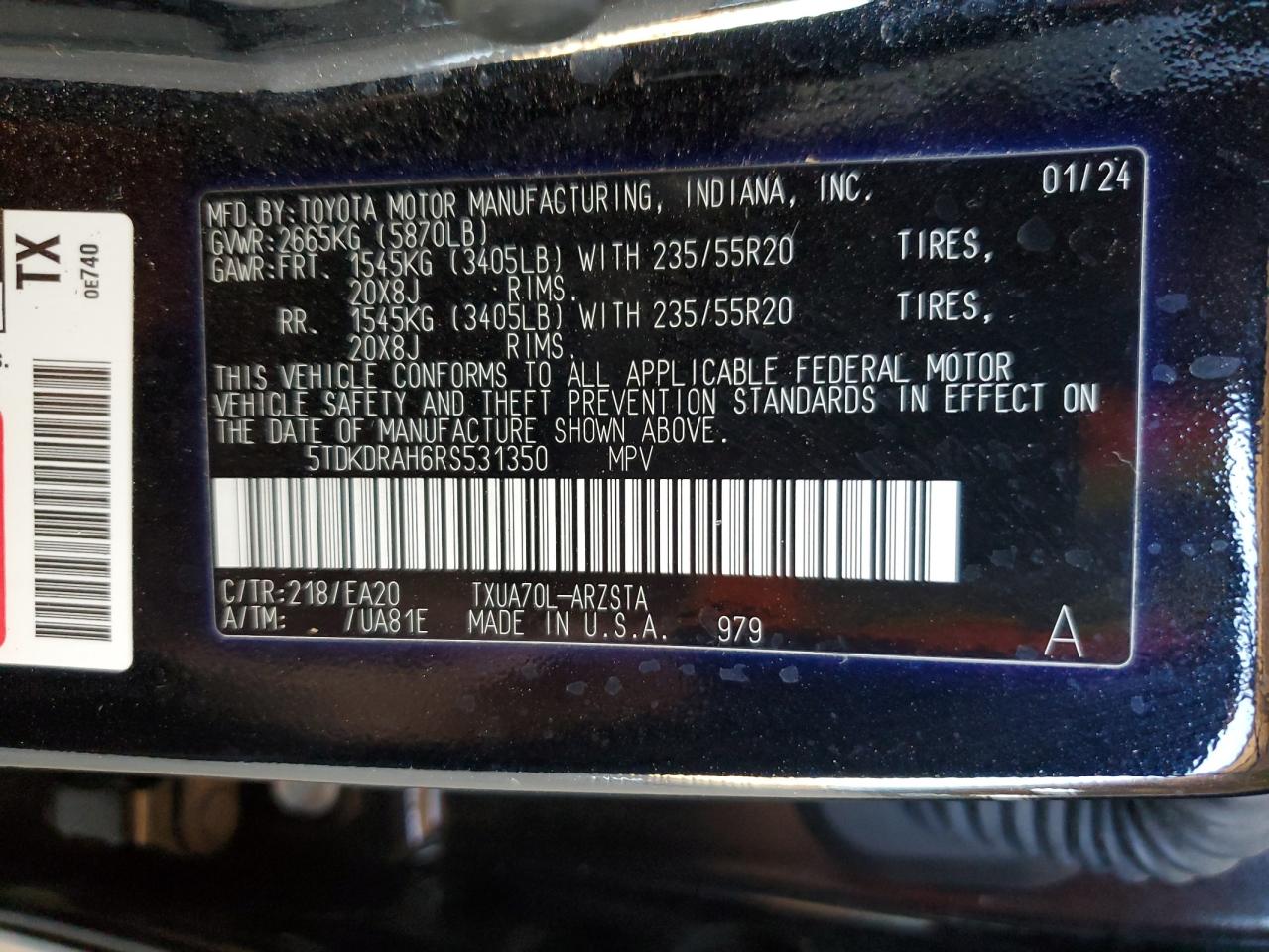 2024 Toyota Highlander Le VIN: 5TDKDRAH6RS531350 Lot: 91465485