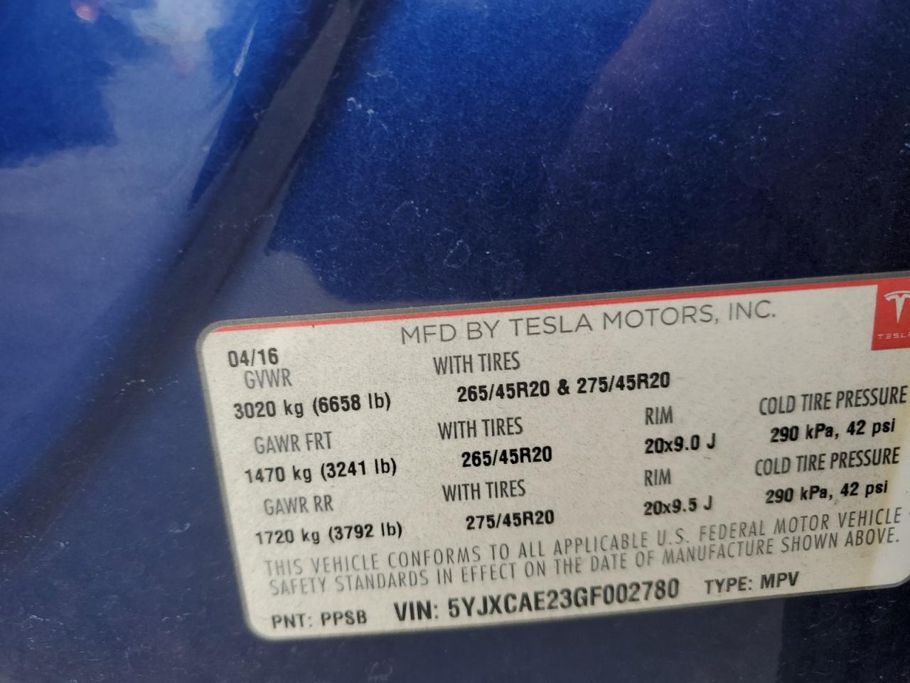 2016 Tesla Model X VIN: 5YJXCAE23GF002780 Lot: 93661235