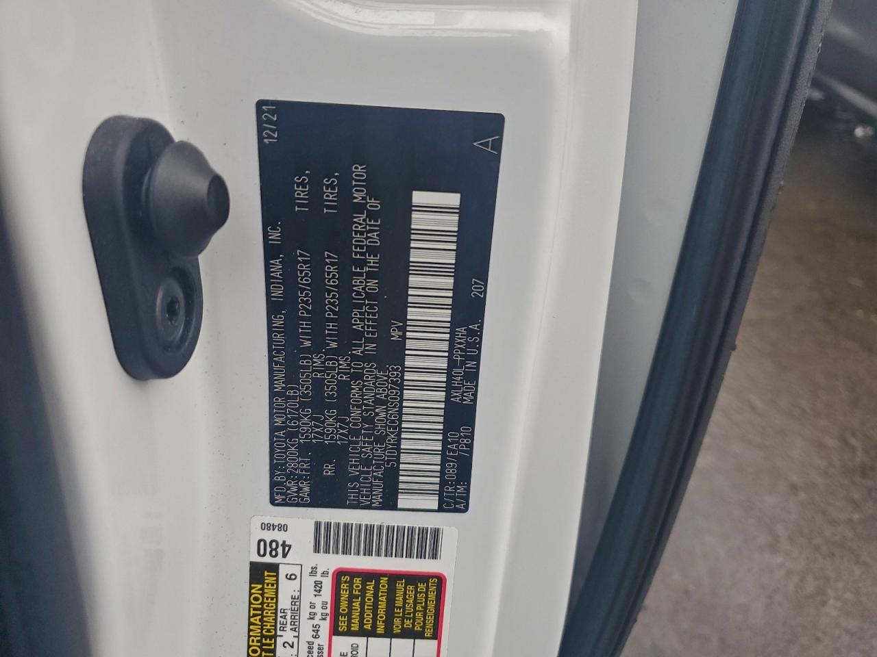 2022 Toyota Sienna Xle VIN: 5TDYRKEC6NS097393 Lot: 94170245