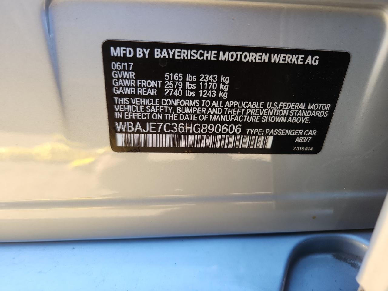 2017 BMW 540 Xi VIN: WBAJE7C36HG890606 Lot: 92363905