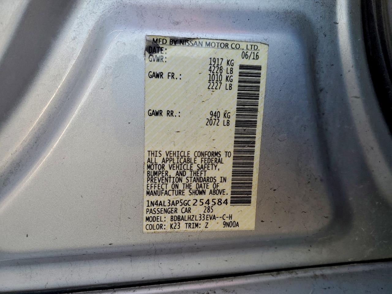 2016 Nissan Altima 2.5 VIN: 1N4AL3AP5GC254584 Lot: 93980965