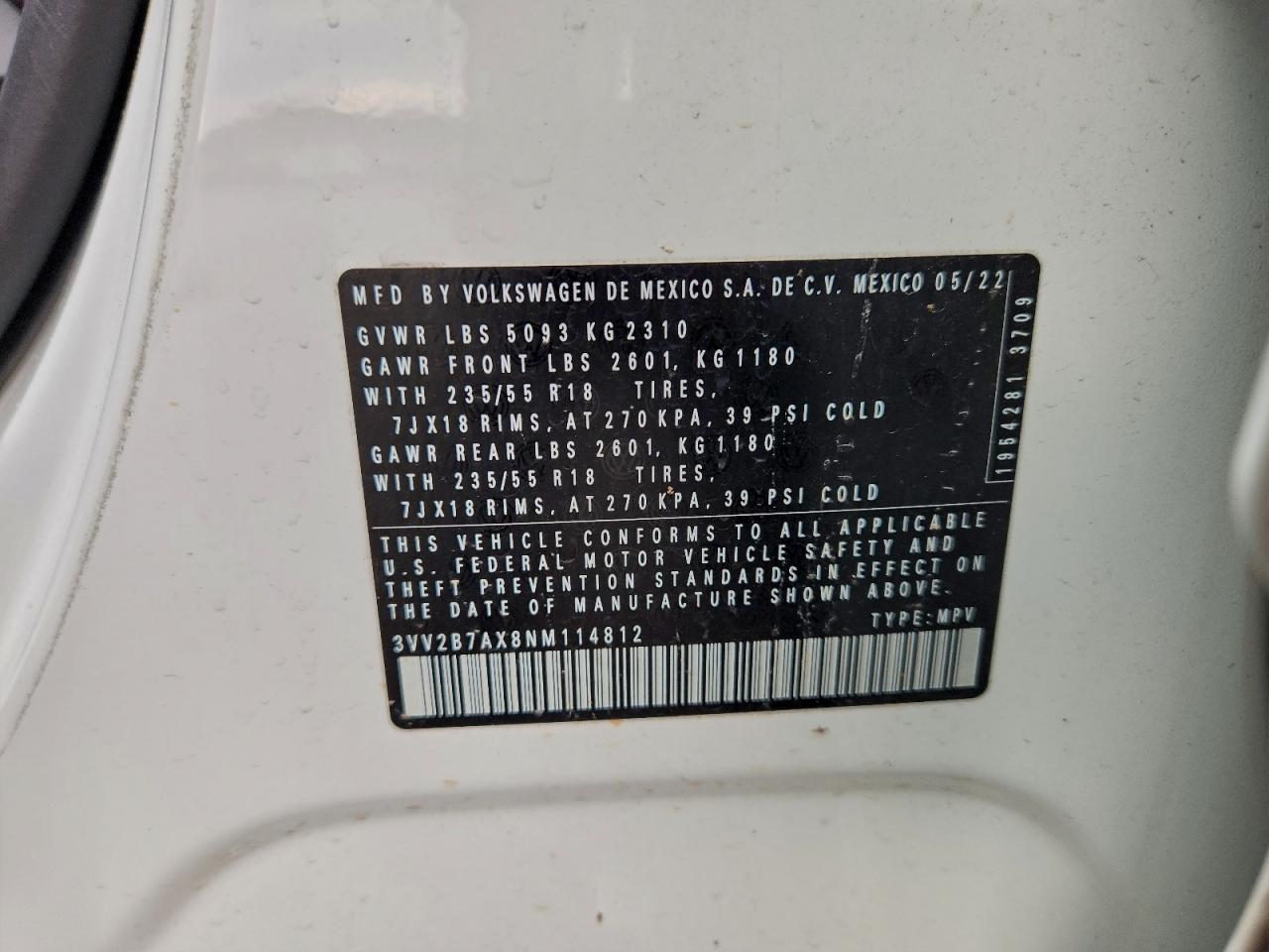 2022 Volkswagen Tiguan Se VIN: 3VV2B7AX8NM114812 Lot: 94874395