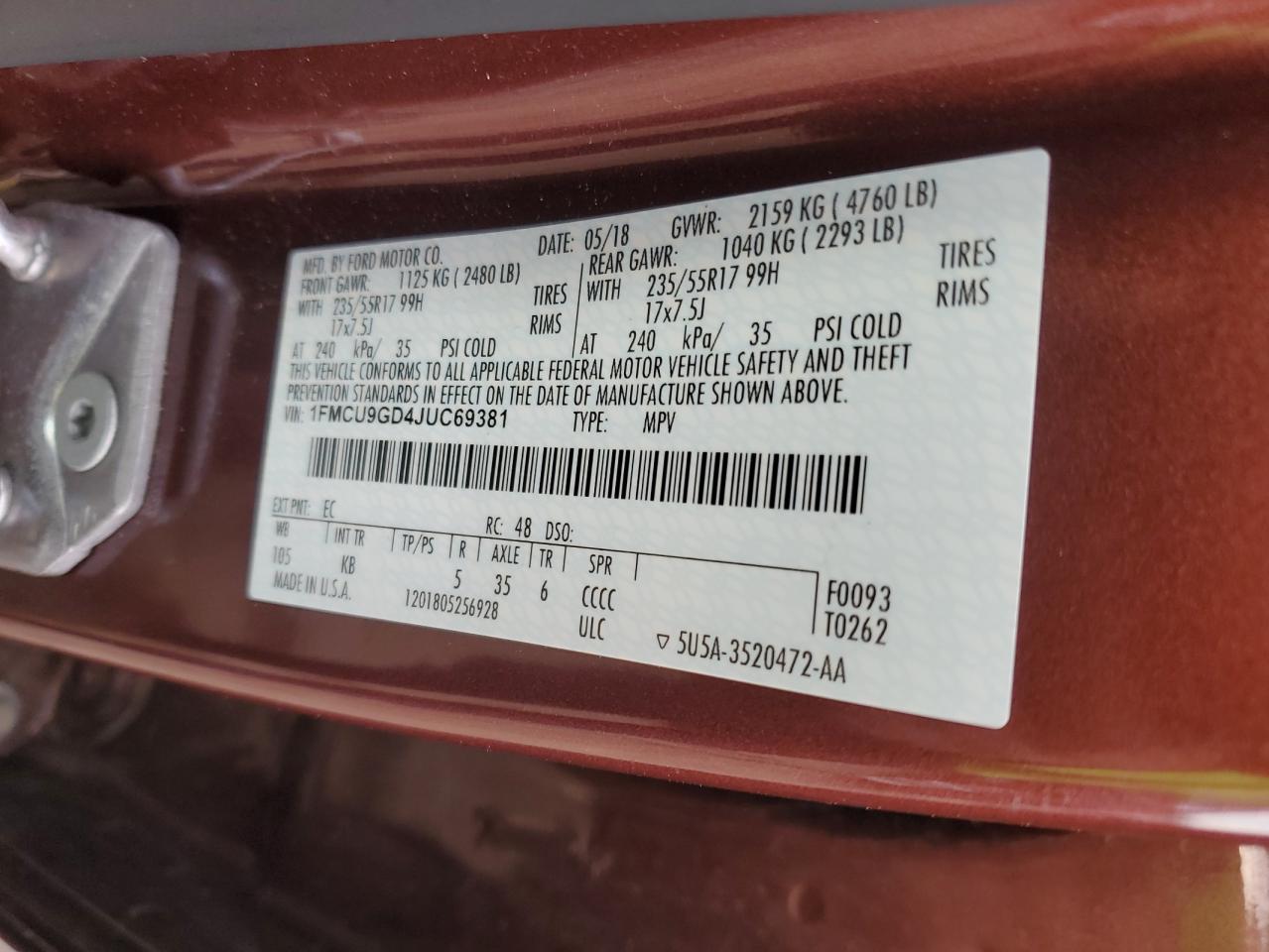 2018 Ford Escape Se VIN: 1FMCU9GD4JUC69381 Lot: 93187925