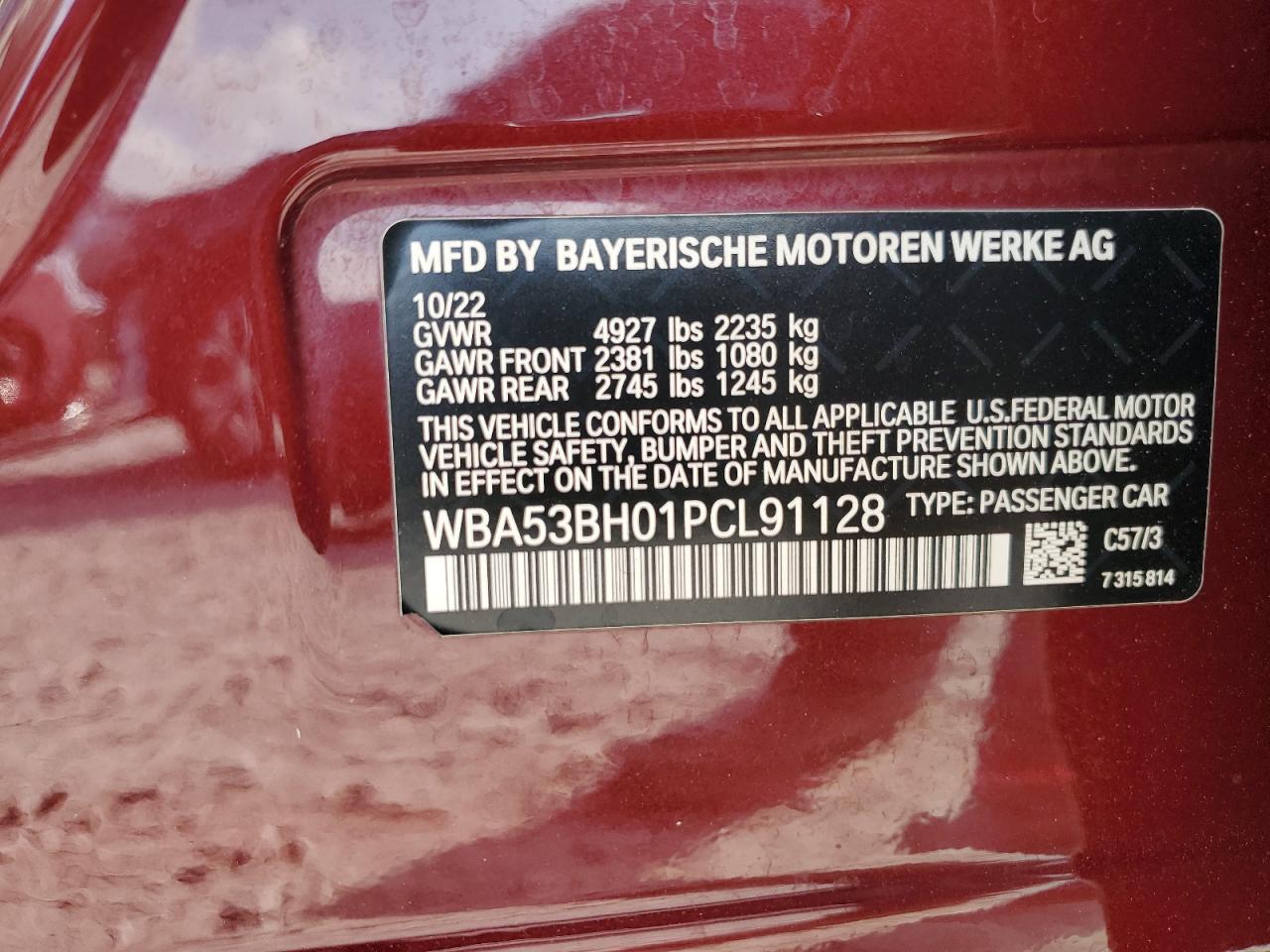 2023 BMW 530 I VIN: WBA53BH01PCL91128 Lot: 93734535