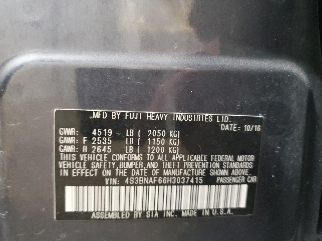 2017 Subaru Legacy 2.5I Premium VIN: 4S3BNAF66H3037415 Lot: 91966455