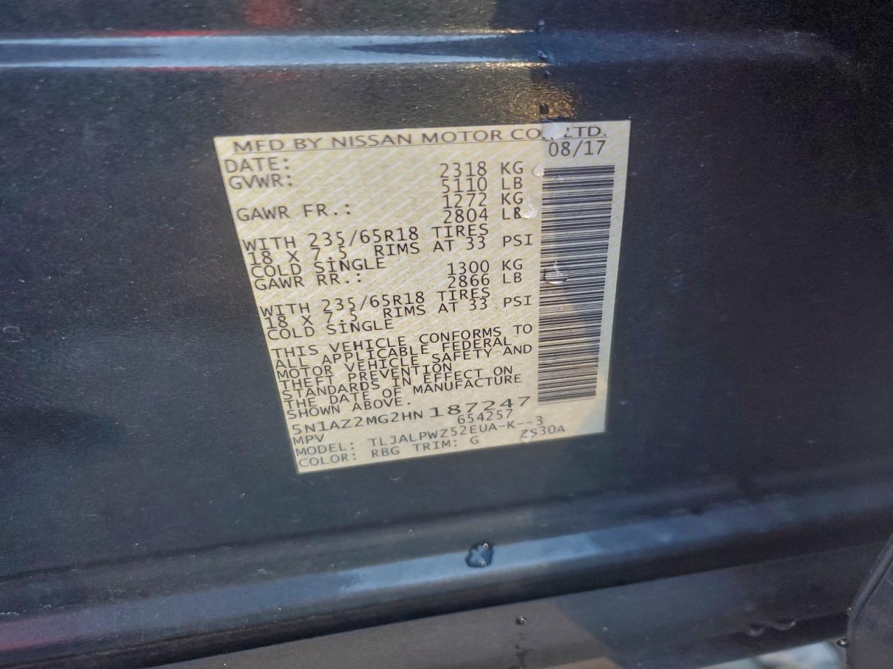 2017 Nissan Murano S VIN: 5N1AZ2MG2HN187247 Lot: 93733075