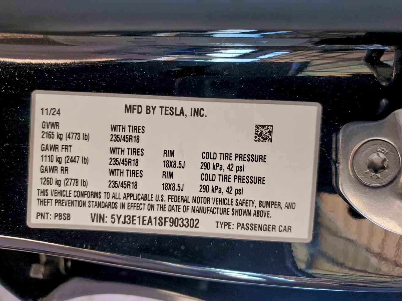 2025 Tesla Model 3 VIN: 5YJ3E1EA1SF903302 Lot: 94138425