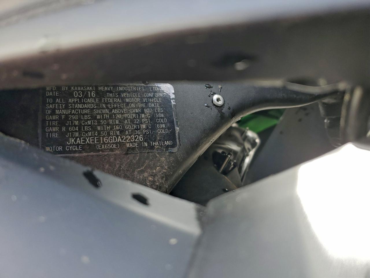 2016 Kawasaki Ex650 E VIN: JKAEXEE16GDA22326 Lot: 93321155