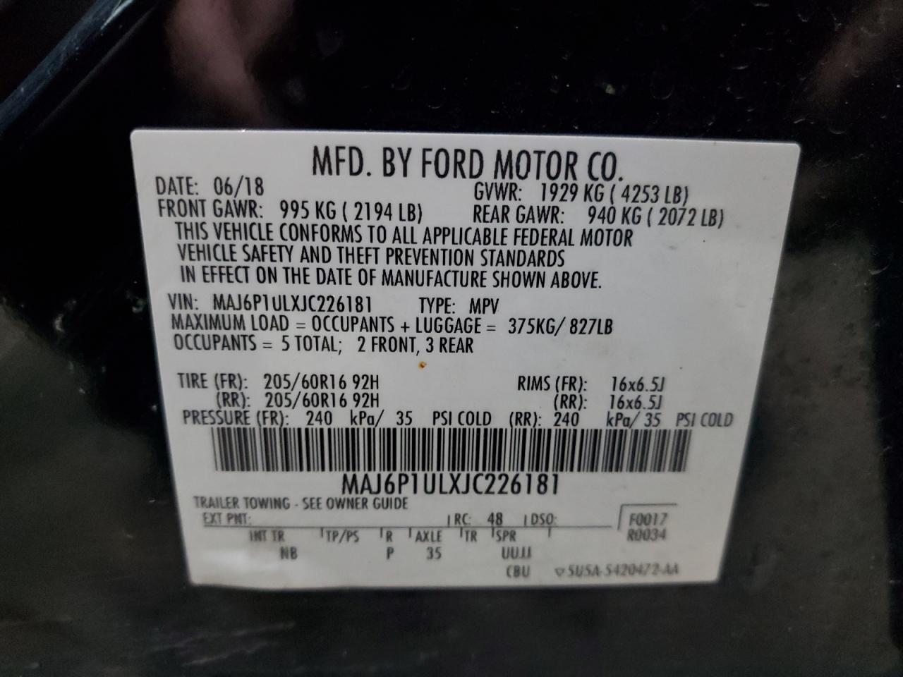 2018 Ford Ecosport Se VIN: MAJ6P1ULXJC226181 Lot: 92836675
