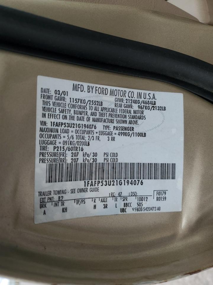 2001 Ford Taurus Se VIN: 1FAFP53U21G194076 Lot: 93804055