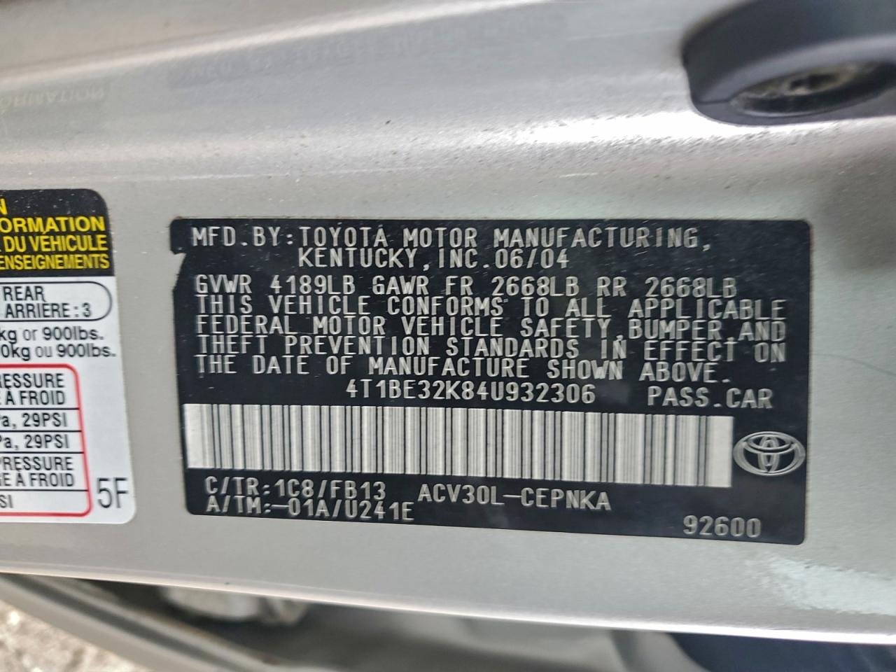 2004 Toyota Camry Le VIN: 4T1BE32K84U932306 Lot: 93935465