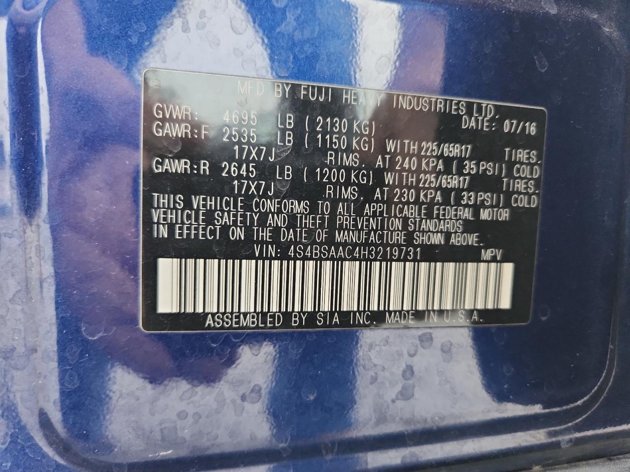 2017 Subaru Outback 2.5I VIN: 4S4BSAAC4H3219731 Lot: 93741255